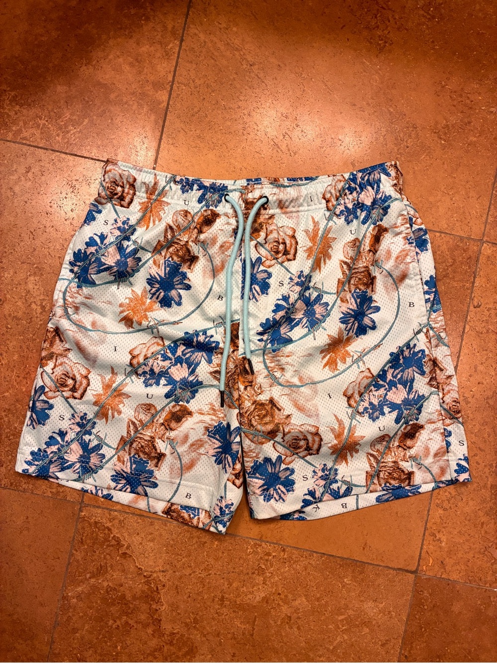 Ksubi Floral Mesh Drawstring Shorts in Blue & Brown